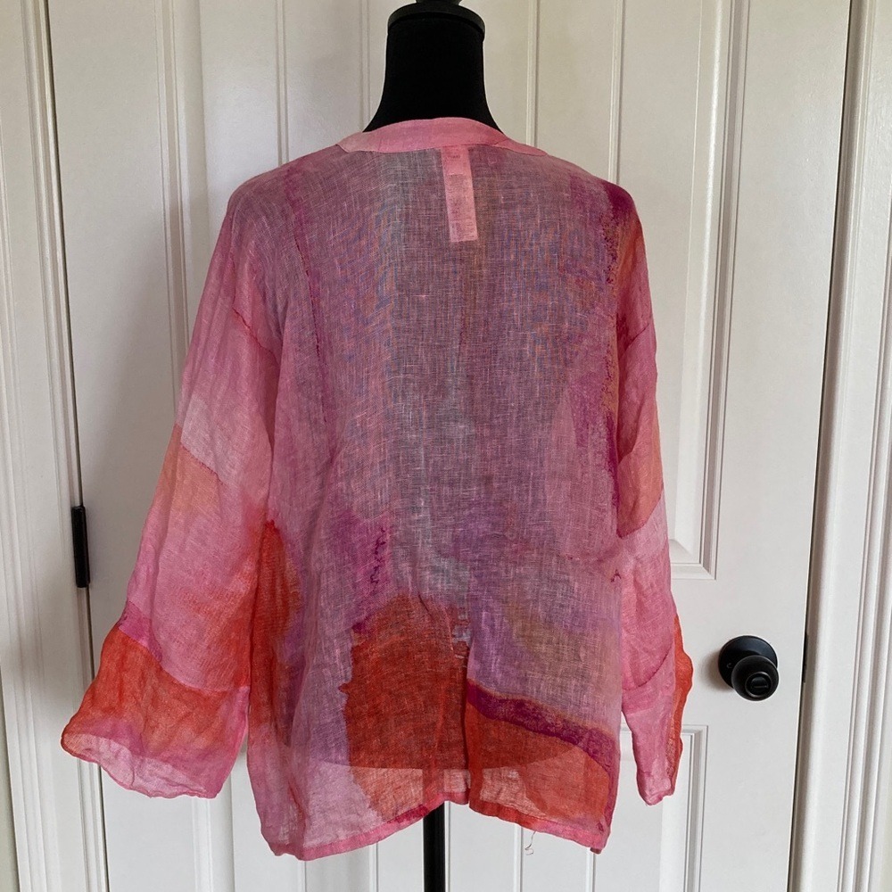 Chicos Womens Sheer‎ Watercolor Pink Coral Open Kimono Size XLP Coastal Linen - Picture 6 of 11